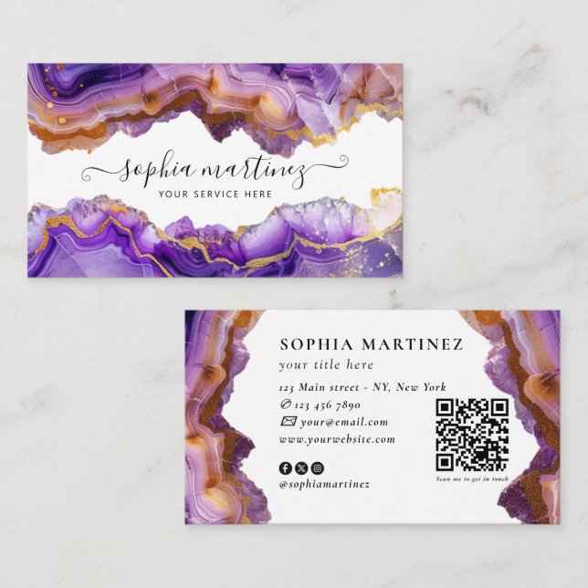 Carte De Visite Code QR marbre doré agate violette abstraite (Devant / Derrière)