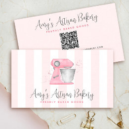 Carte De Visite Code QR mélangeur de boulangerie à aquarelle rose 