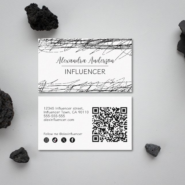Carte De Visite Code QR minimal Abstrait pour gribouillages noir e (Minimal Black And White Abstract Scribble QR Code Business Card)