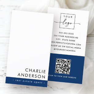 Carte De Visite Code QR minimal moderne bleu foncé blanc vertical