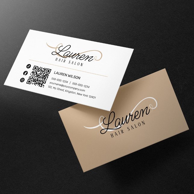 Carte De Visite Code QR Minimal Simple Blanc Biege Coiffeur (Créateur téléchargé)