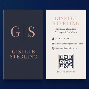 Carte De Visite Code QR minimaliste bleu marine et or rose