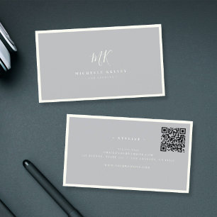Carte De Visite Code QR minimaliste de luxe Monogramme gris ivoire