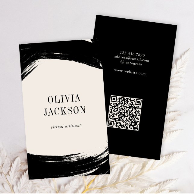 Carte De Visite Code QR minimaliste de peinture noire blanche mode (Créateur téléchargé)