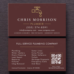 Carte De Visite Code QR Minimaliste Plombier Bordeaux Or