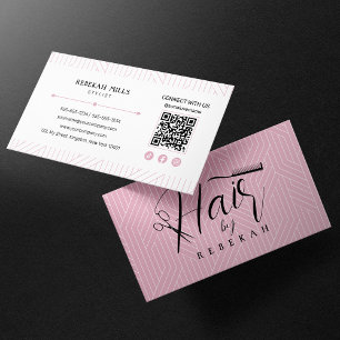 Carte De Visite Code QR Minimaliste Rose Blanc pour Coiffeur
