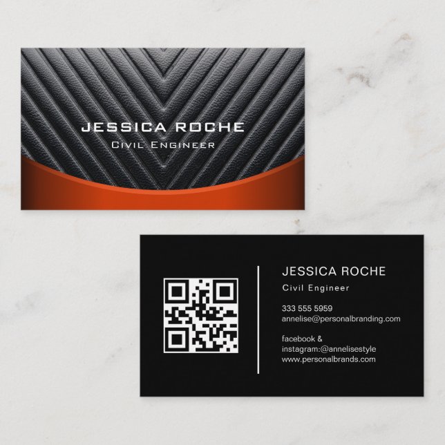 Carte De Visite Code qr moderne Black & Red Metal Ingénieur civil (Devant / Derrière)