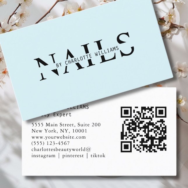 Carte De Visite Code QR moderne, bleu clair (Modern, Light-Blue, Salon, Beauty, QR Code Business Card.)