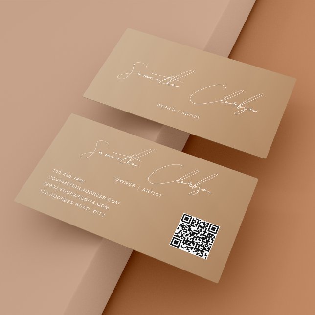 Carte De Visite Code QR Moderne Complet Boho Beige Écriture Manusc (Créateur téléchargé)