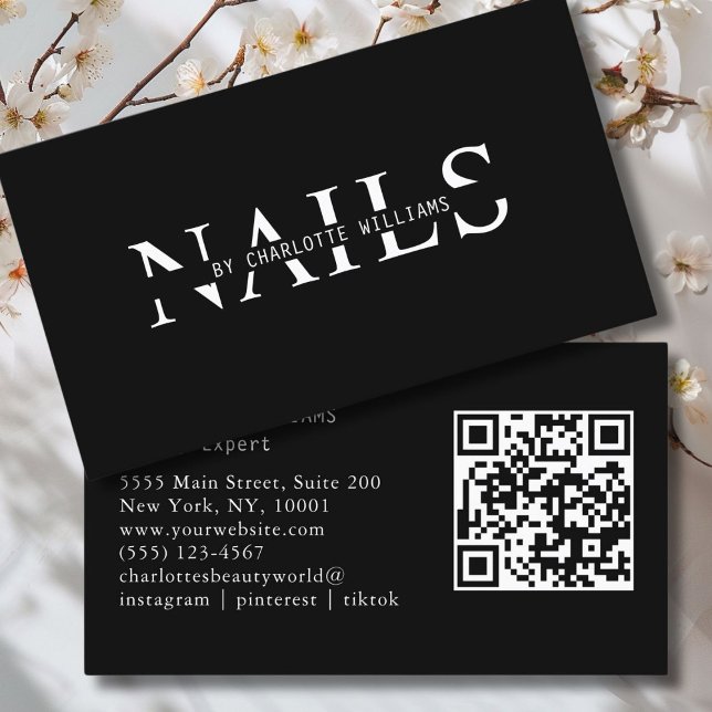 Carte De Visite Code QR moderne, noir (Modern, Black, QR Code Business Card. Perfect for Beauty, Nails, Lashes, Hair experts and more.)