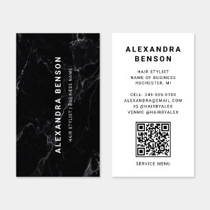 Carte De Visite Code QR moderne noir et Marbre blanc