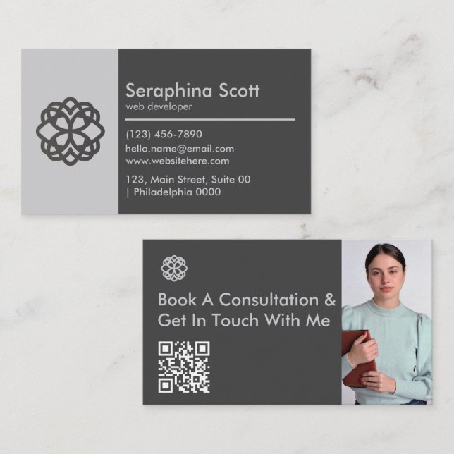 Carte De Visite Code QR moderne Tech Savvy Sleek Black Grey Clean (Devant / Derrière)