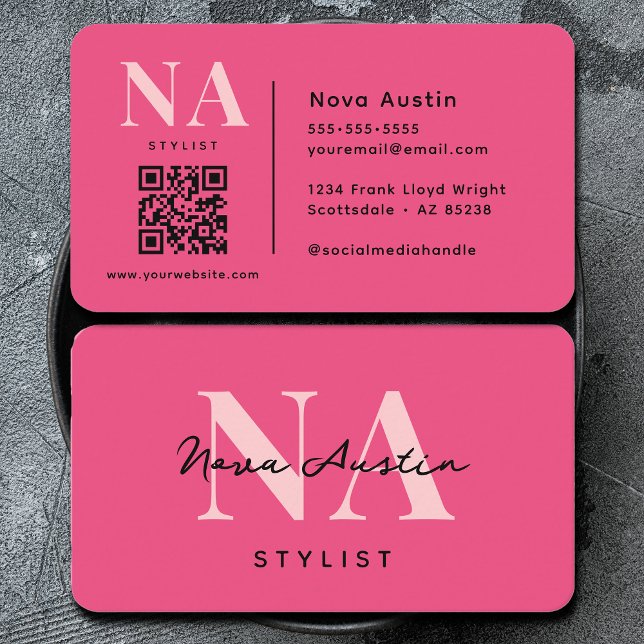 Carte De Visite Code QR Monogram Luxe Tendance Esthétique Rose Cha (Créateur téléchargé)