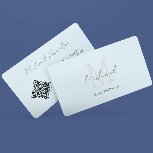 Carte De Visite Code QR Monogramme Bleu Clair (Créateur téléchargé)