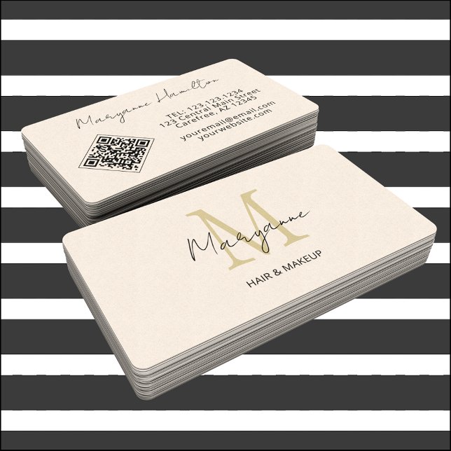 Carte De Visite Code QR Monogramme Crème (Créateur téléchargé)