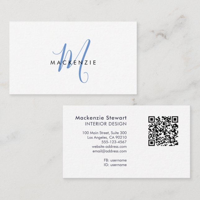 Carte De Visite Code QR monogramme élégant moderne bleu script (Devant / Derrière)