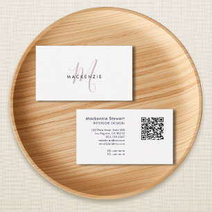 Carte De Visite Code QR Monogramme Élégant Moderne Rose Pâle Scrip
