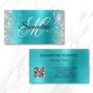 Carte De Visite Code QR monogramme en feuille d'aluminium bleu aqu
