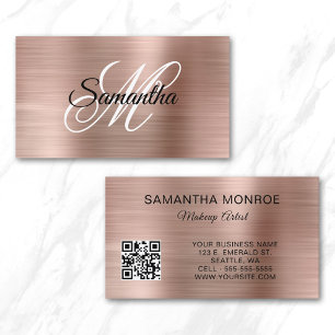Carte De Visite Code QR Monogramme Fantaisie Feuille D'Or Rose