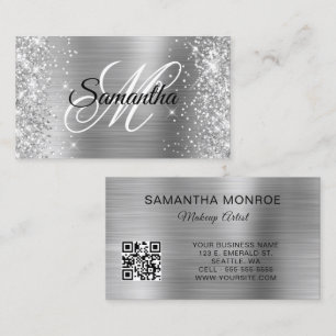 Carte De Visite Code QR Monogramme Feuille d'Argent Pailleté