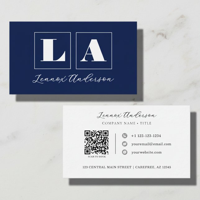 Carte De Visite Code QR Monogramme Gras Bleu (Créateur téléchargé)