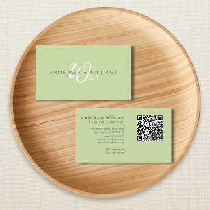Carte De Visite Code QR Monogramme Moderne Vert Clair Blanc