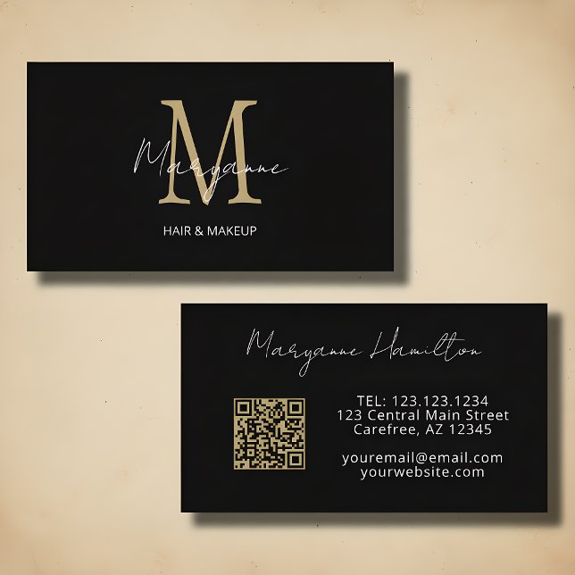 Carte De Visite Code QR monogramme noir or (Créateur téléchargé)