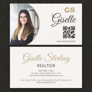 Carte De Visite  Code QR Monogramme Photo Or Neutre Agent Immobili