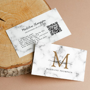 Carte De Visite Code QR Monogramme Script Féminin Or Marbre Modern