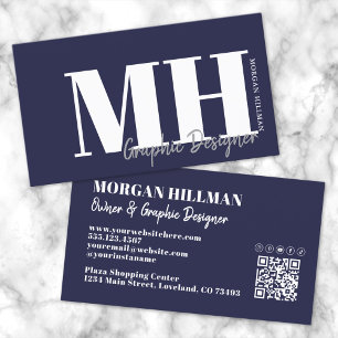 Carte De Visite Code QR Monogramme Simple Bleu Marine