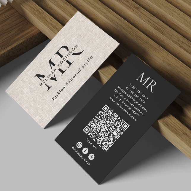 Carte De Visite Code QR Monogramme Simple Faux Burlap Noir & Blanc (Créateur téléchargé)