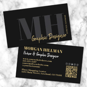 Carte De Visite Code QR Monogramme Tendance Noir Doré