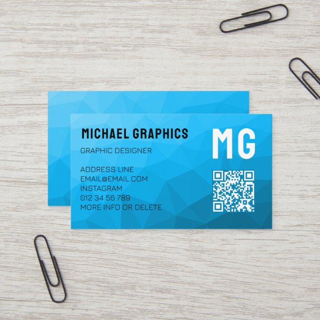 Carte De Visite Code QR motif de maillage géométrique dégradé cyan (Devant/Arrière en situation)