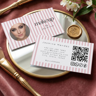 Carte De Visite Code QR MUA photo avec rayure rose pâle et icônes 