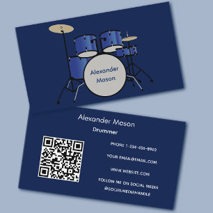 Carte De Visite Code QR Musicien Professionnel Batteur Bleu