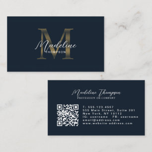 Carte De Visite Code QR Navy Blue Metallic Gold Monogram Script