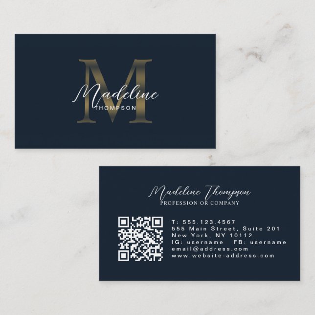 Carte De Visite Code QR Navy Blue Metallic Gold Monogram Script (Devant / Derrière)