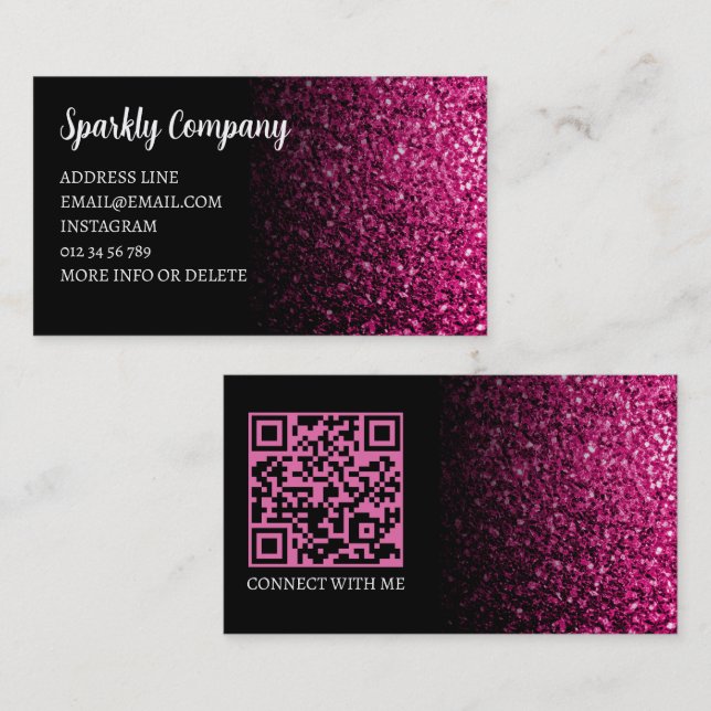 Carte De Visite Code QR noir brillant de parties scintillant rose  (Devant / Derrière)