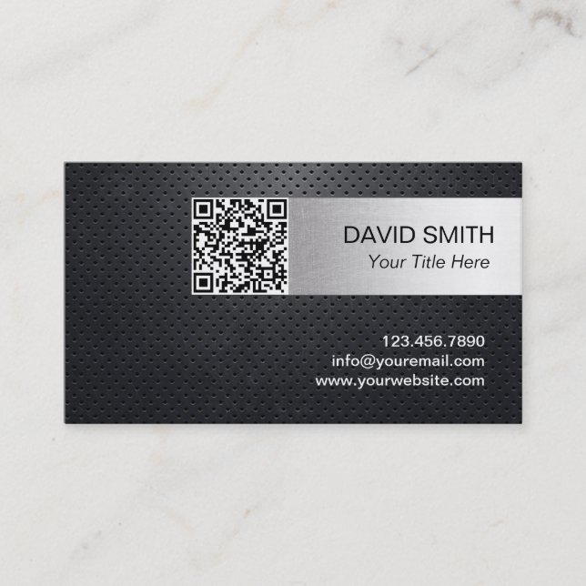Carte De Visite Code QR Noir Métal Argent rayé Professionnel (Devant)