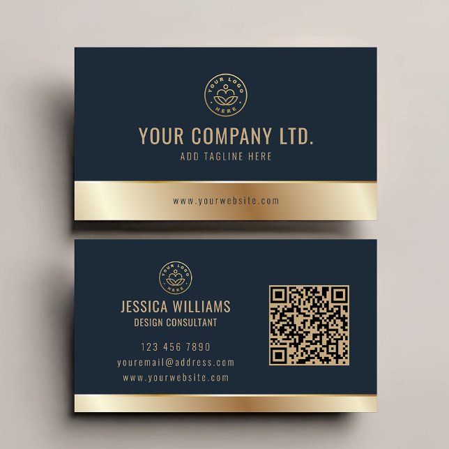Carte De Visite Code QR or bleu élégant du logo personnalisé (Créateur téléchargé)