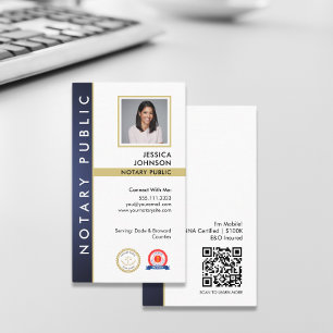 Carte De Visite Code QR or bleu moderne Photo Notaire Logo public