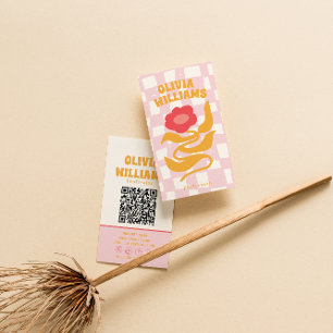 Carte De Visite Code QR Orange Rose Groovy Floral à carreaux Fémin