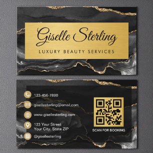 Carte De Visite Code QR Pailleté Agate Or Noir Luxe