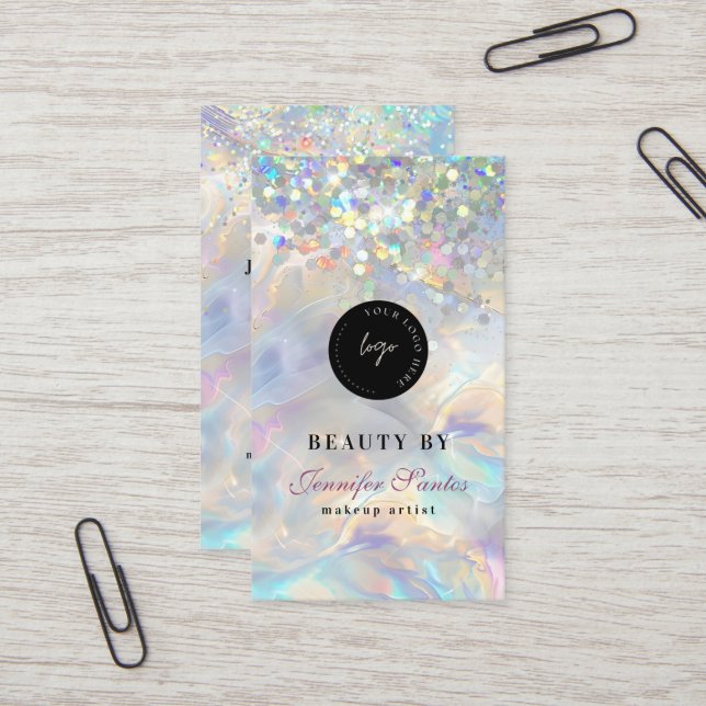 Carte De Visite Code QR Pailleté Holographique Marbre Opale (Devant/Arrière en situation)