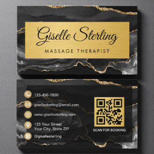 Carte De Visite Code QR Pailleté Thérapeute de Massage en Agate Or
