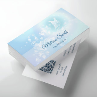 Carte De Visite Code QR | Papillon floral bleu turquoise