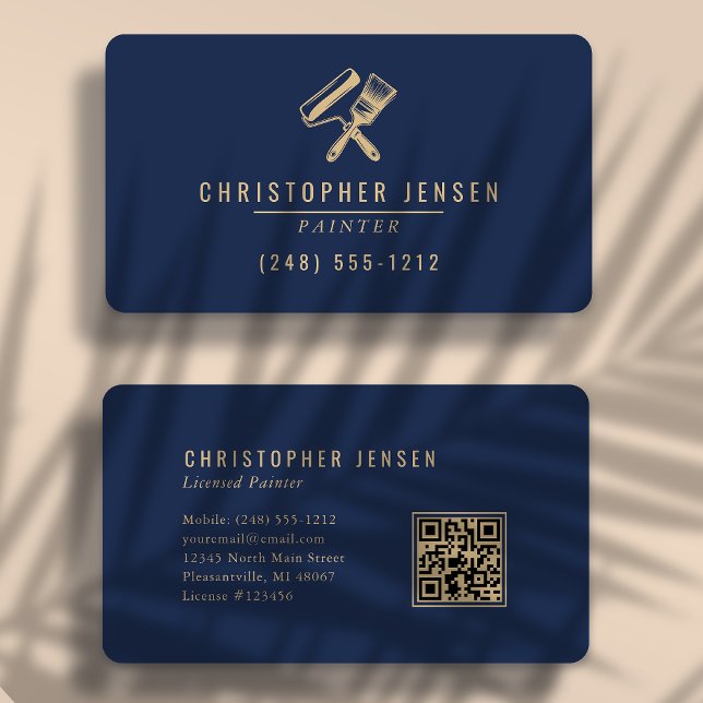 Carte De Visite Code QR Peintre Bleu Nuit Or Rond Peinture (Créateur téléchargé)