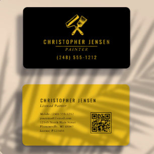 Carte De Visite Code QR Peintre Gras Noir Jaune Arrondi Peinture