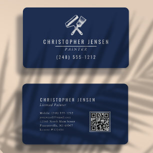 Carte De Visite Code QR Peintre Navy Blue Gris Arrondi Peinture