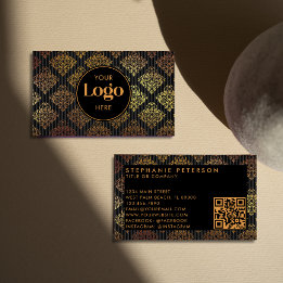 Carte De Visite Code QR personnalisé à rayures en damas noir et or